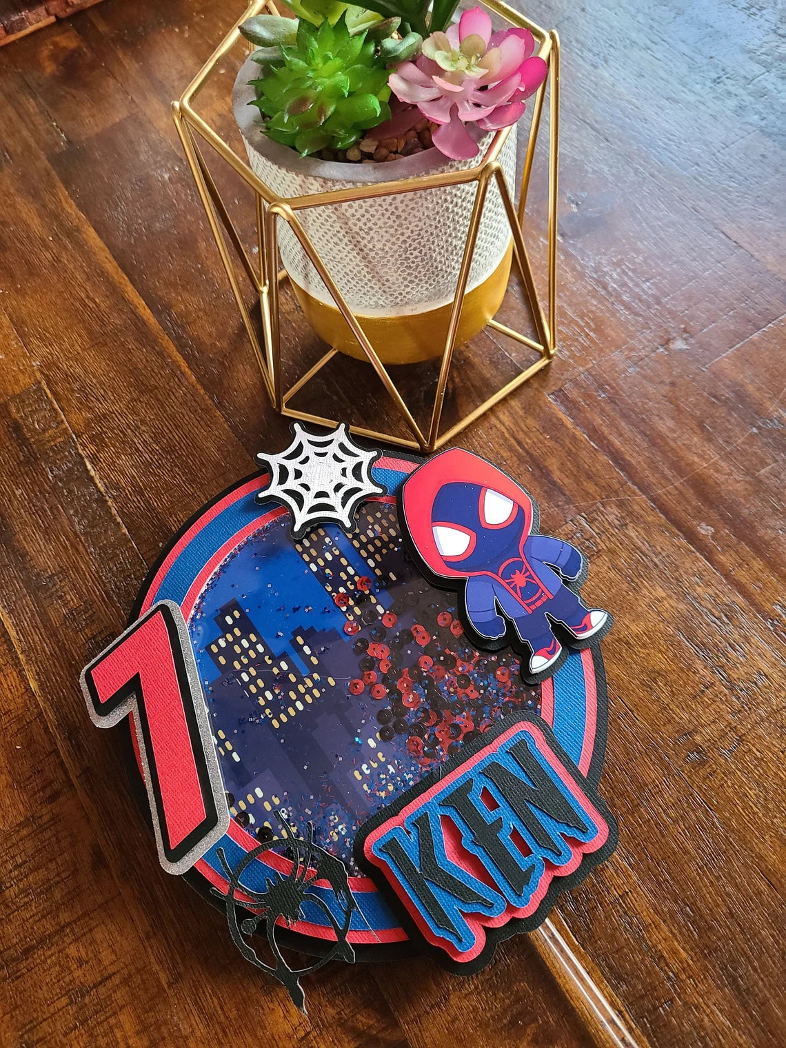 Spider Man Miles Morales Theme Shaker Cake Topper With Name and Age