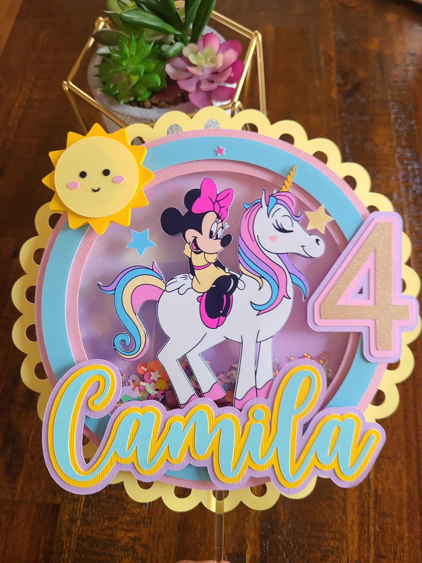 Unicorn & Minnie Mouse Theme Shaker Cake Topper With Name and Age