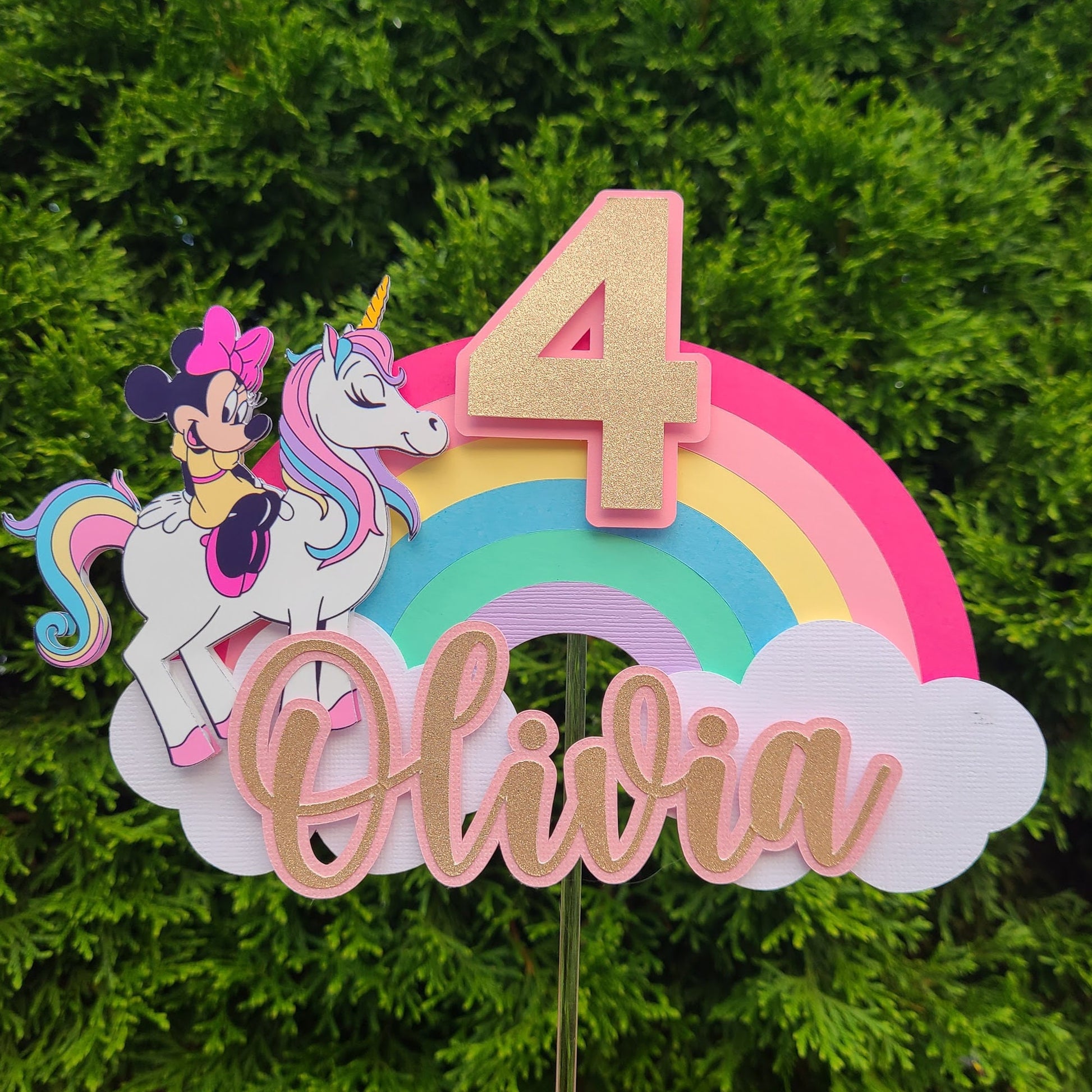 Minnie Mouse on Unicorn Theme Cake Topper With Name and Age