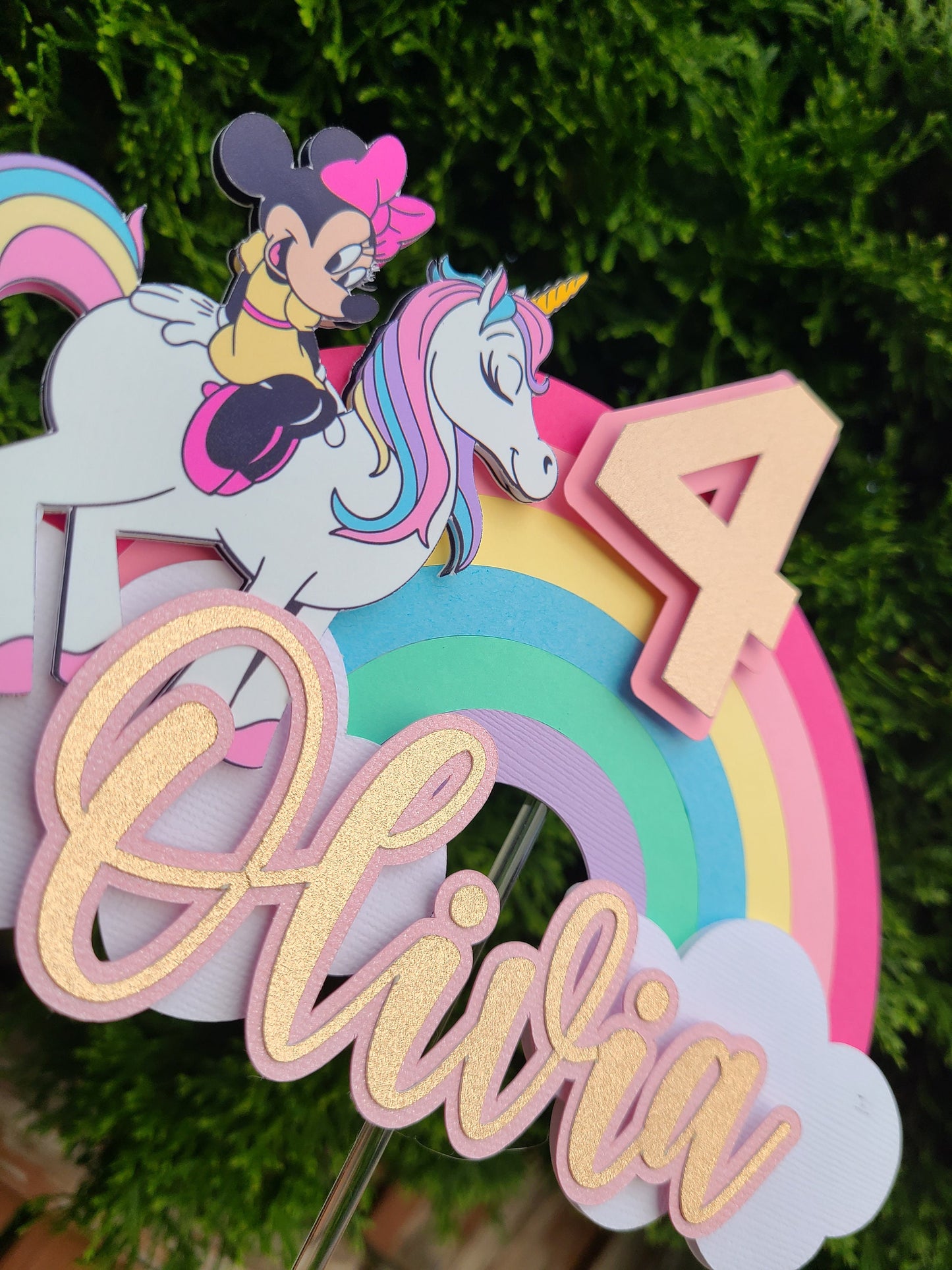 Minnie Mouse on Unicorn Theme Cake Topper With Name and Age